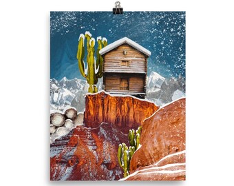 Desert Ski Cabin - PRINT / Wall Art / Mixed Media / Boho / Desert Snow / Composite