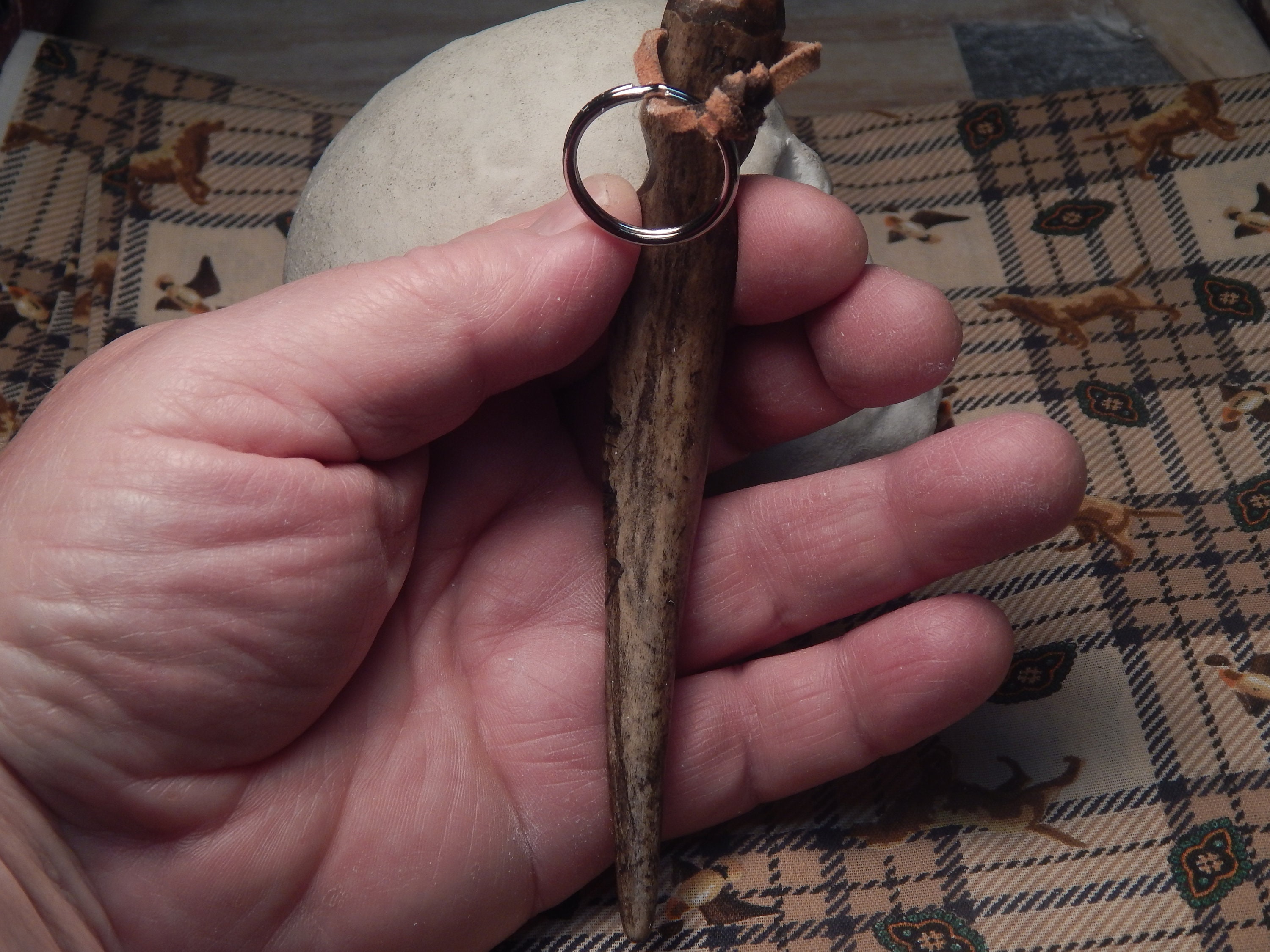 Hand carved deer antler primitive male figurine key ring accessories key fob tribal jewelry focal pendant primitive jewelry wiccan
