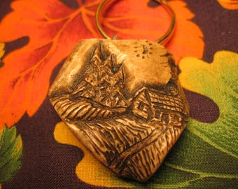 Hand carved antler scene "Cabin in the pines with big dipper reproduction key chain key ring key fob wearable art Northwoods house warming
