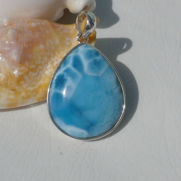 Larimar Stone Pendant In Sterling Silver 925, Handmade