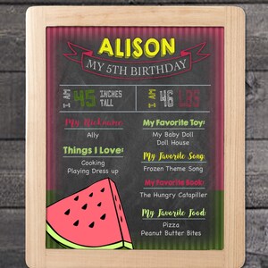 Watermelon Summer Theme Birthday Party Digital Chalkboard &quot;ABOUT ME&quot;