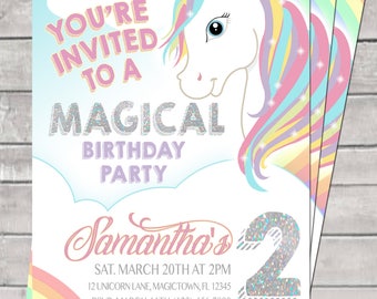 May include: A rainbow-coloured unicorn with a sparkly silver number 2 on a white background. The text reads "You're Invited to a Magical Birthday Party Samantha's Sat. March 20th at 2pm 12 Unicorn Lane, Magictown, FL 12345 RSVP: March 11th (123) 456-7890".