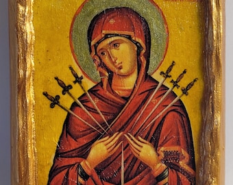 Virgen María Panagia Epta Spathia Siete Espadas Arte Religioso Bizantino Griego y Ortodoxo Oriental Monte Athos Cristianismo Icono