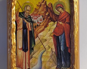 San Atanasio y la Virgen María Theotokos Arte religioso Bizantino Griego y Ortodoxo Oriental Monte Athos Cristianismo Icono