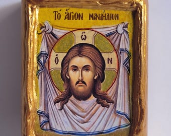Jesucristo El Santo Velo A Agion Mandylion Arte Religioso Bizantino Griego y Ortodoxo Oriental Icono Del Monte Athos