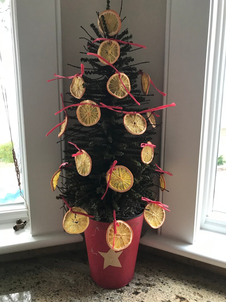 May include: A small artificial Christmas tree decorated with dried orange slices and red ribbon. The tree is in a red metal pot with a white star.