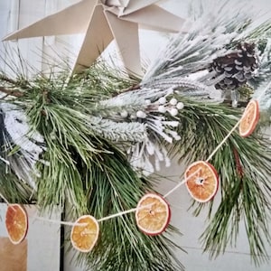 May include: A festive garland made of dried orange slices strung on twine, hanging from a snowy evergreen branch. The garland is decorated with a white origami star.