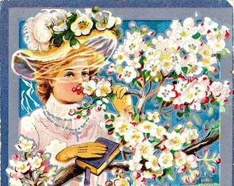 Vintage Embossed Floral Easter Postcard Girl Wearing Easter Hat 1909