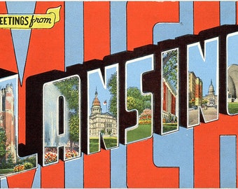 Vintage DETROIT Michigan Large Letter Postcard Multi-View Linen c1940s Unused
