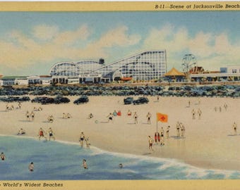 Jacksonville Beach Florida World's Widest Ocean Beach Vintage Postcard