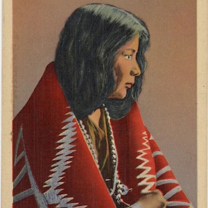 May include: Vintage postcard featuring a Pueblo girl from Laguna, New Mexico. She is depicted in profile, wrapped in a red blanket with white and gray geometric patterns. The image has a sepia tone, with text at the bottom.
