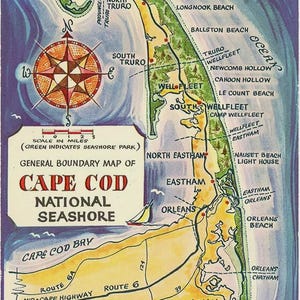 Cape Cod Massachusetts National Seashore Map Vintage Postcard 1965