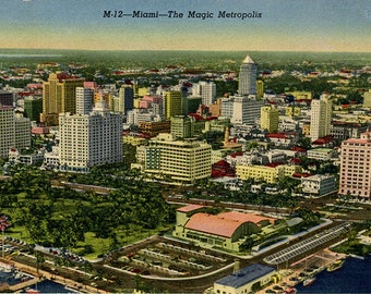 Miami Florida Aerial Magic Metropolis Vintage Postcard 1955