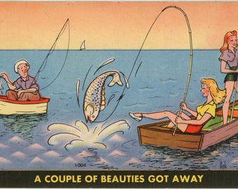 Vintage Comic Fishing Postcard 'A Couple of Beauties Got Away' 1949 signed UNK