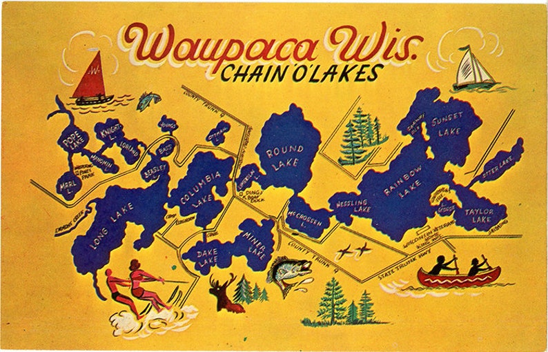Waupaca Wisconsin Chain O Lakes State Map Vintage Postcard unused image 1