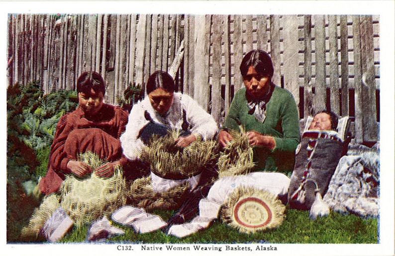 unused Alaska Native Women Weaving Baskets Vintage Postcard