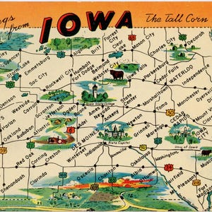 Iowa State Map Tall Corn State Vintage Postcard 1960