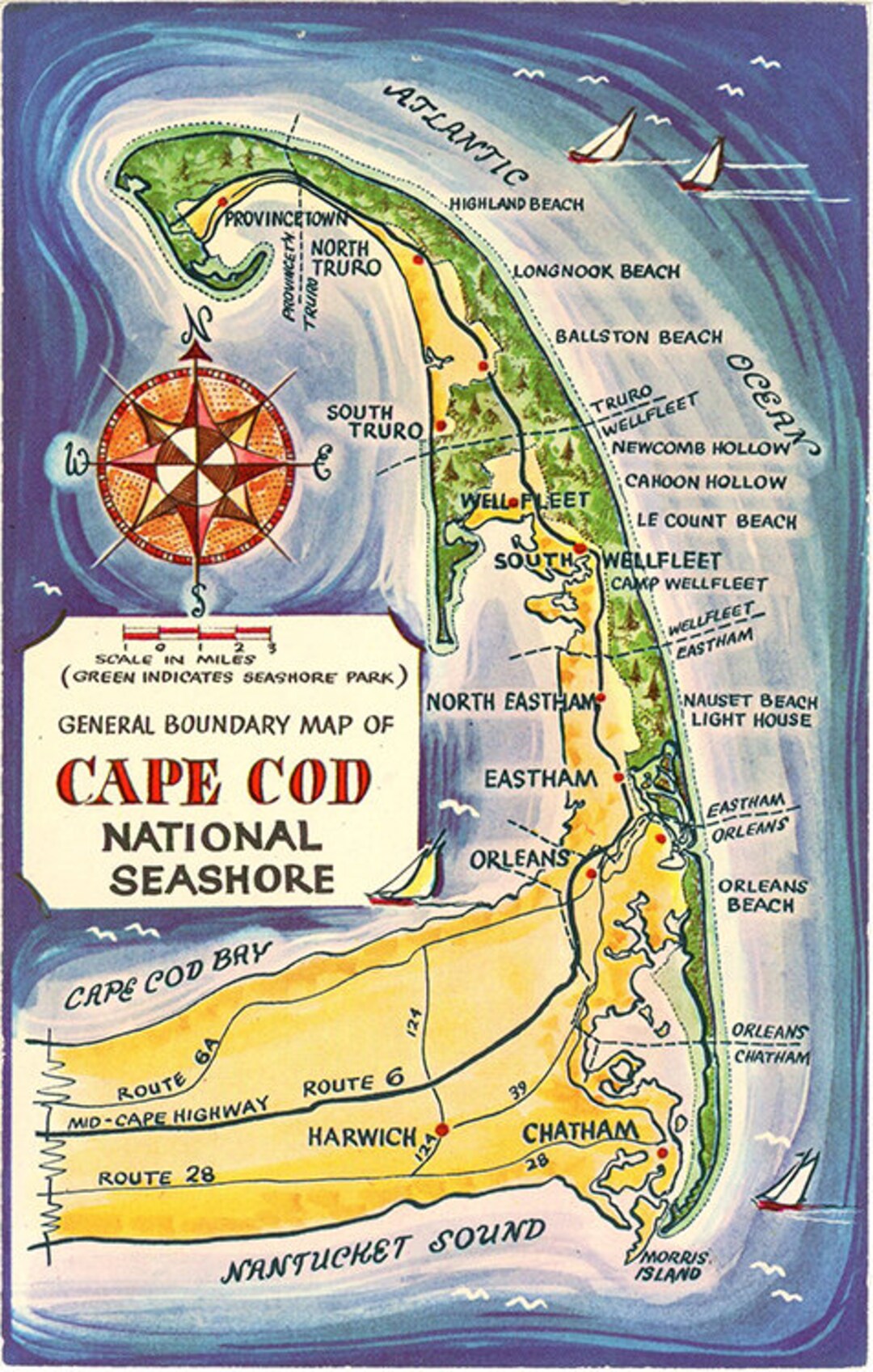 Cape Cod Massachusetts National Seashore Map Vintage Postcard 1965 - Etsy