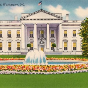May include: Vintage postcard of the White House in Washington, D.C. The white building features a central portico with columns, a flag, and a fountain in front. Colorful flowers surround the fountain, and trees frame the building.