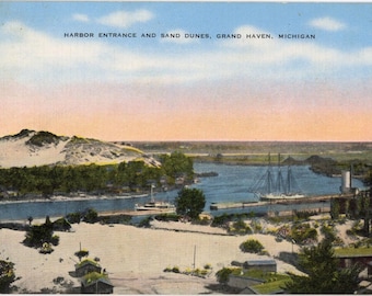 Harbor & Sand Dunes Grand Haven Lake Michigan Vintage Postcard 1950s (unused)