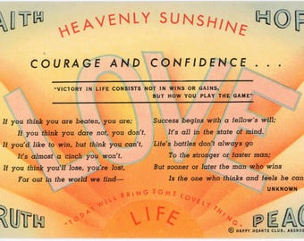 Happy Hearts Club Heavenly Sunshine Courage & Confidence Vintage Postcard (unused)