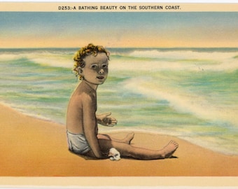 Bathing Beauty Toddler on Sandy Beach Southern Coast Vintage Postcard (unused)