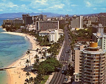 Waikiki Honolulu Hawaii Kalakaua Avenue Aerial Vintage Postcard