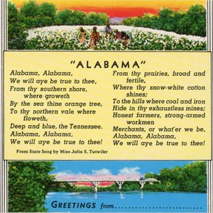 Alabama State Song Multiview Vintage Postcard (unused)
