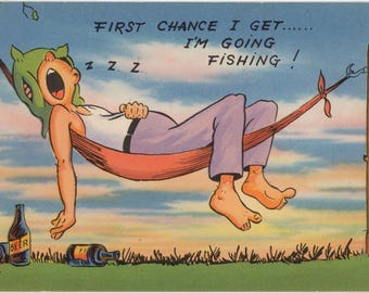 Vintage Comic Fishing Postcard Man Sleeping in Hammock Beer Drinking C1940s (unused)