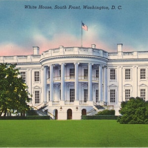 May include: Vintage postcard of the White House, South Front, Washington, D.C. The building is white with a colonnade and a U.S. flag waving on top. The foreground features a green lawn and trees, with a blue and pink sky.