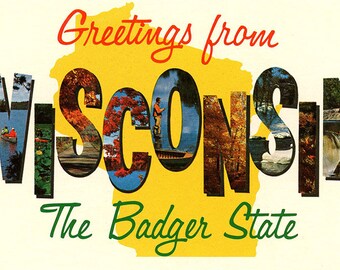 Wisconsin Large Letter Badger State Vintage Postcard (unused)