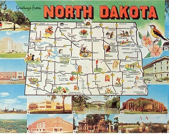 North Dakota State Map Vintage Postcard (unused)