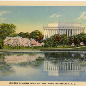May include: A vintage postcard illustration of the Lincoln Memorial in Washington, D.C., featuring white columns, green trees, and pink cherry blossoms reflected in the Potomac River under a blue sky. The text reads: LINCOLN MEMORIAL NEAR POTOMAC RIVER, WASHINGTON, D. C.