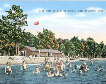 Iron Mountain Michigan Lake Antoine Bathing Beach Vintage Postcard (unused)