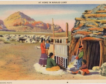 Navajo Land by Hogan Women Weaving Native American Vintage Postcard (unused)