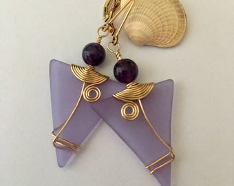 Genuine Amethyst Earrings, Lavender Triangle Stained Glass Earrings, Brooklyngems 14K Gold Fill Wire Wrap OOAK Artisan Jewelry Gift for Her
