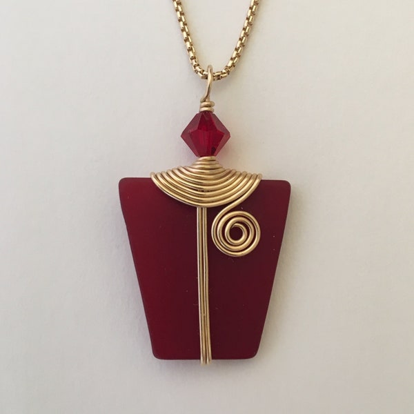 Garnet stained glass 14k gold filled wire wrapped pendant, cultured seaglass with matching red diamond Swarovski crystal, artisan jewelry