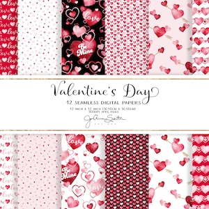 Paquete de papel imprimible del día de San Valentín, papel digital del corazón de la acuarela rosa y rojo, descarga digital instantánea