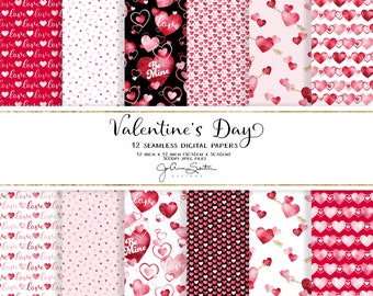 Valentine's Day Printable Paper Pack, Red & Pink Watercolor Hearts, Digital Download