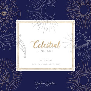 Könnte beinhalten: Ein Set mit 12 zarten, himmlischen Linienzeichnungen, die Monde, Sterne, Planeten und Sonnenstrahlen in Gold und Weiß auf einem dunkelblauen Hintergrund zeigen. Der Text "Celestial Line Art" befindet sich in der Mitte des Bildes.