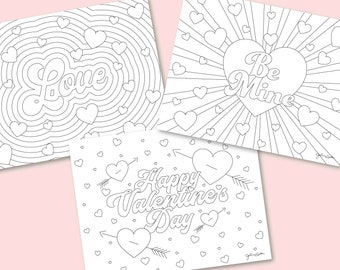 Valentine's Day Coloring Pages, Set of 3 Printable Coloring Pages, Instant Download