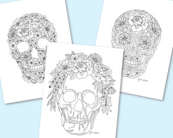 Floral Skull Printable Coloring Pages, Set of 3 Instant Download Coloring Sheets