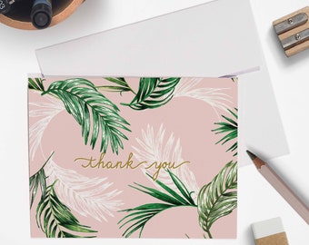 Thank You Card - Pink Palm Leaf Tropical Print- Instant Download Digital File