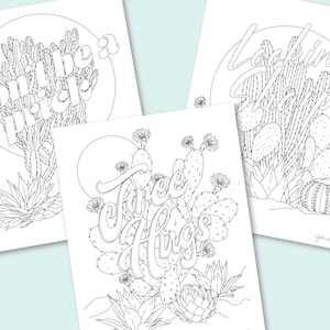 Peut inclure: Trois pages à colorier imprimables représentant des cactus et des phrases motivantes. La première page dit "Ne sois pas un piquant", la deuxième dit "Câlins gratuits", et la troisième dit "Tu as l'air bien".
