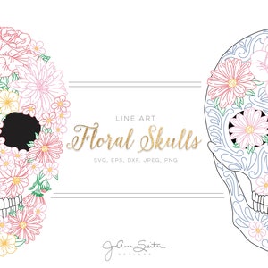 Floral Skull Single Line SVG Datei, Sugar Skull Clip Art, Sofortiger digitaler Download