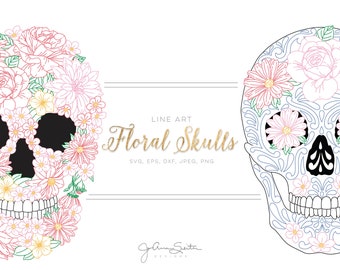 Floral Skull Single Line SVG File, Sugar Skull Clip Art, Instant Digital Download