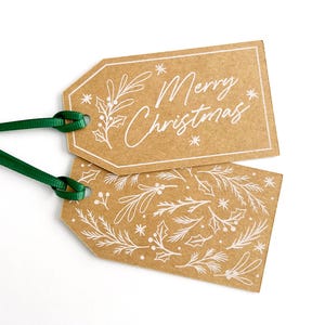 Étiquettes pour cadeaux de Noël, encre blanche sur papier cartonné kraft brun, lot de 12