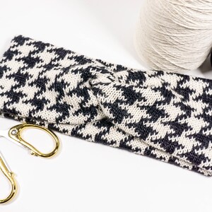 Knit Alpaca Ear Warmer in Black & Cream Houndstooth Pattern