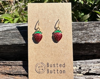 Dainty Gold Strawberry Earrings, Hypoallergenic Hooks