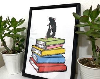 Ratte auf Bücher Art Print, 13x18 Buchliebhaber Wand (Physisch)